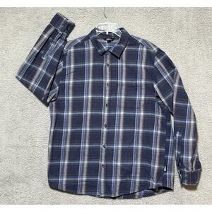 Eddie Bauer Blue Gray Tartan Plaid Mens XL Button Up Flannel Trail Hiking‎ Gorp